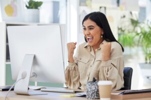 happy woman excited on first job
